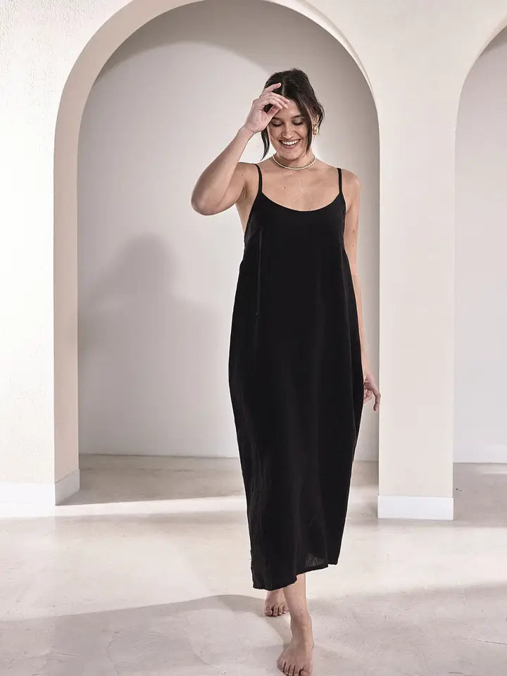 Eadie Lifestyle French Linen Black Midi Dress