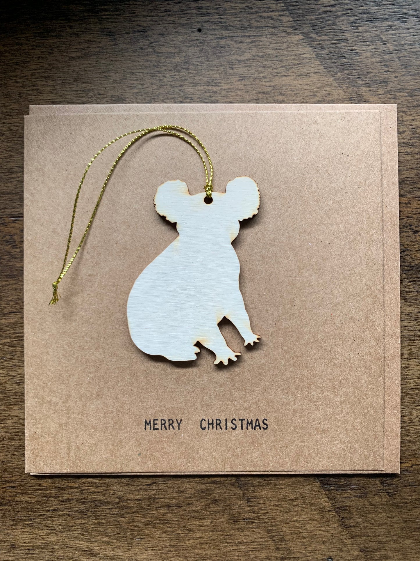 Paper & Wood blank Christmas greeting card with envelope & Koala decoration hand crafted ply wood made in Melbourne Australia