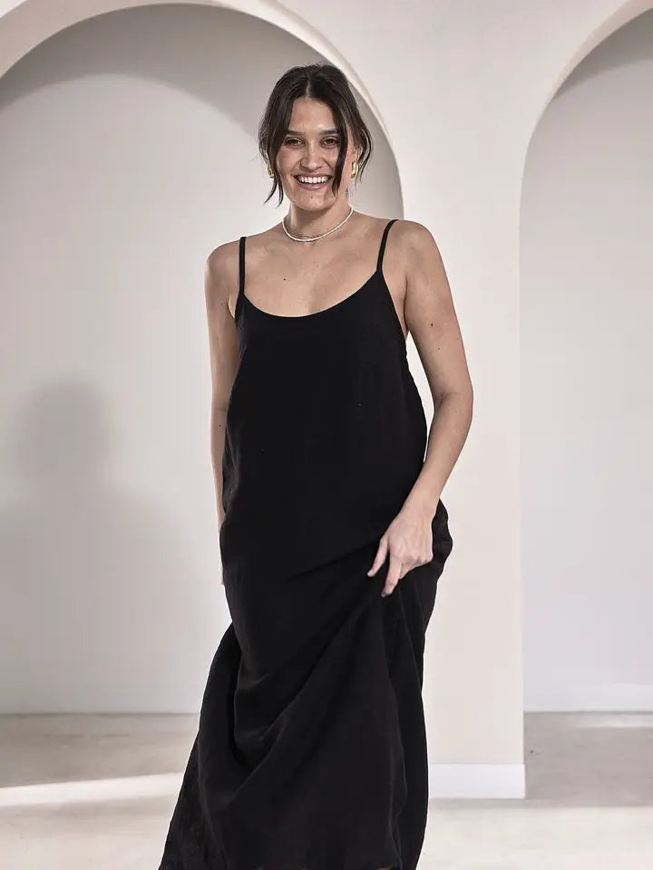 Eadie Lifestyle French Linen Black Midi Dress