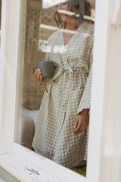 .Linen Label French Linen Kimono Taupe Gingham