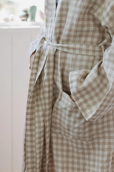 .Linen Label French Linen Kimono Taupe Gingham
