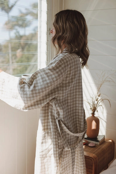 .Linen Label French Linen Kimono Taupe Gingham